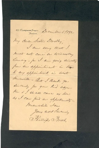 PHILLIPS BROOKS - AUTOGRAPH LETTER SIGNED 12/05/1892 Cover