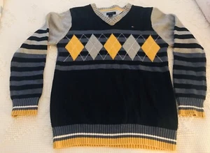 TOMMY HILFIGER Boys Size M 12/24 Navy Blue Grey Gold Argyle Stripe Sweater - Picture 1 of 3