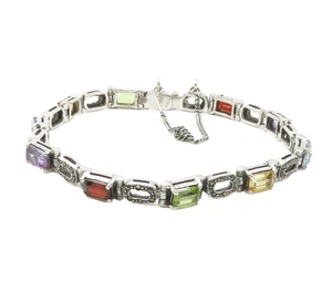 925 Sterling Silver   Peridot Topaz & MultiStone Shiny Chain Bracelet  BT6074 - Picture 1 of 6