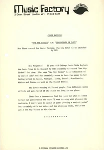 CHRIS RAYBURN : One Way Ticket : original UK 1968 press release sheet MOD BEAT - Picture 1 of 3