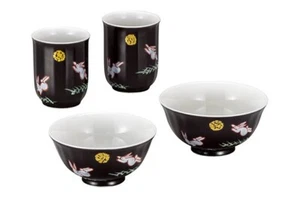 Kutani ware Japanese Rice bowl Gohan Chawan Tea cup Yunomi set Moon Rabbit Japan - Picture 1 of 4
