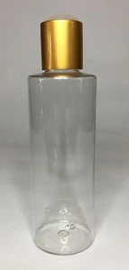 Empty 150ml PET Plastic Cylindrical Bottles + Matt Gold Disc Top ANY AMOUNT - Picture 1 of 3
