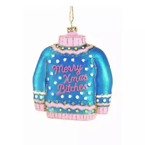 FELIZ NAVIDAD PERRAS ORNAMENTO 4.5" Vidrio Divertido Azul Feo Suéter Árbol de Navidad - Imagen 1 de 2