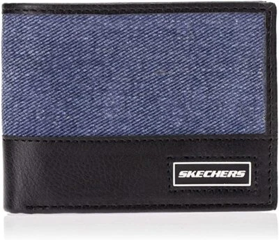 Skechers Men's Slimfold Canvas Vegan Leather RFID Wallet Black & Blue Patch NEW - Image 1 of 4