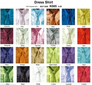 Boy's &Kid's Silky Satin Dress Shirts with Tie & Hanky, long sleeve Sizes 4-20 - Picture 1 of 22