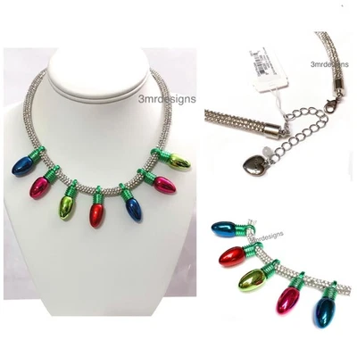 NWT Betsey Johnson CHRISTMAS LIGHTS Rhodium Tone Glass Stones Mesh Rope Necklace - Image 1 of 4