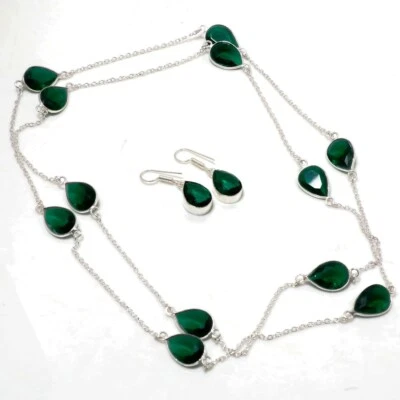 Cadena + pendientes de joyería de regalo antiguo hecho a mano con piedras preciosas de diopsido cromado con forma de pera Foto 1 de 4