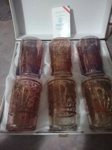 Set of 6 Timon Juice Glasses Italy Multicolor Glass Gold Decorated - Picture 1 of 5