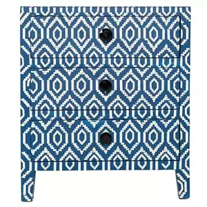 Bedside Bone Inlay Blue Ikkat Design Sidetable Handmade 3 Sliding Drawer Home - Picture 1 of 4