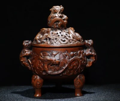 Queimador de incenso de buxo natural panela de madeira antiga porcelana 12 cm - Imagem 1 de 4