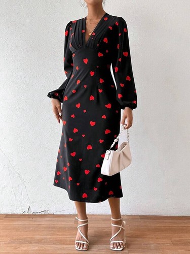 VALENTINO Abito nero manica lunga stampa cuore piccolo orlo coda di pesce elegante chiesa