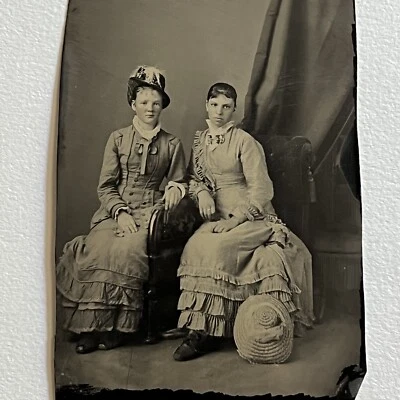 Antique Tintype Photograph Beautiful Young Fashionable Women Amazing Dress Hat - Image 1 of 4