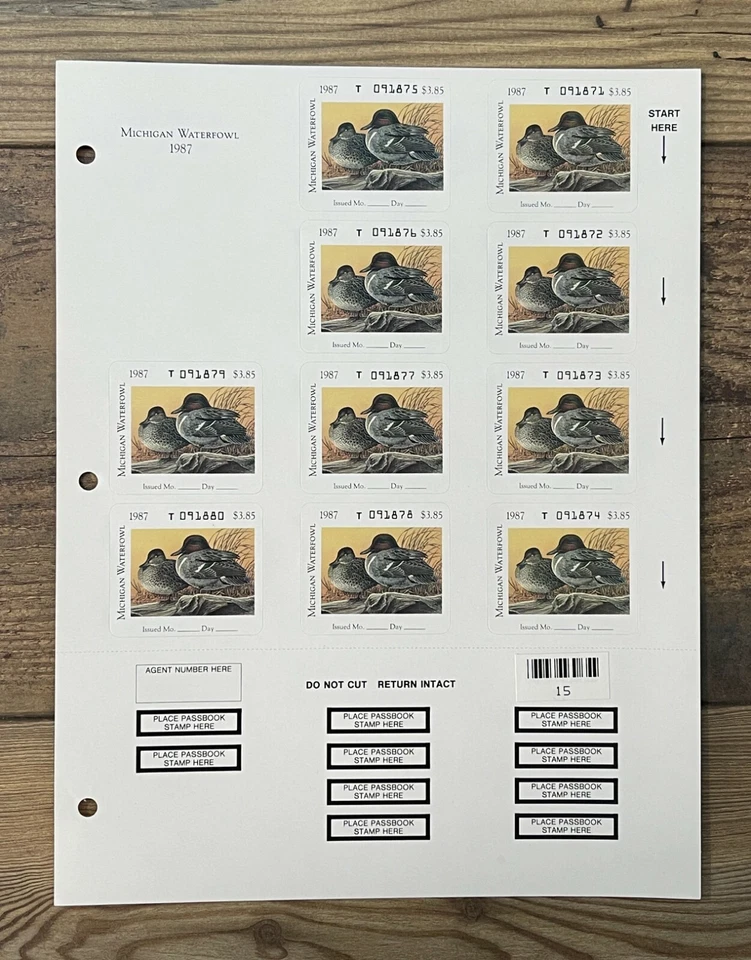 1987 MICHIGAN - State Duck Stamp - Lot1 - Mint OG NH **FULL SHEET OF 10** - Image 1 of 2
