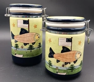 Set of 2~Folk Art Patriotic Fish Canisters by Carol Endres Multicolored - Picture 1 of 10