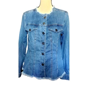 $168 Nic+Zoe chambray Stretch Fringe Denim Jacket Size S Distressed outdoor - Picture 1 of 7