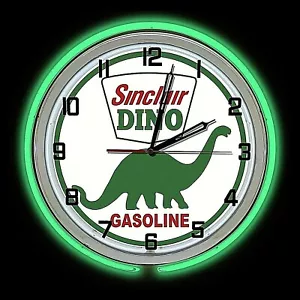 19" Sinclair Dino Gasoline Sign Green Double Neon Clock Man Cave Gas Dinosaur - Picture 1 of 2