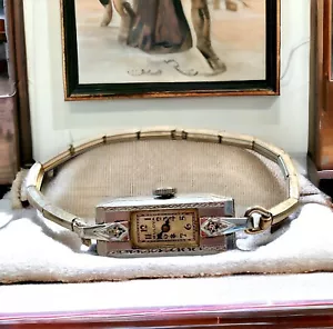 Vintage Bulova 1934 Miss Liberty Damendeko rechteckig manuelle Winduhr 2 Diamant - Bild 1 von 15