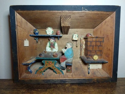 Vintage German Hand Made 3D Wood Shadow Box of Kitchen W/ Guys Playing Cards - Image 1 of 4