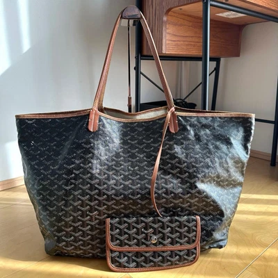 Goyard Saint Louis GM Shoulder Tote Bag Canvas Leather Black Tan Brown Authentic - Image 1 of 4