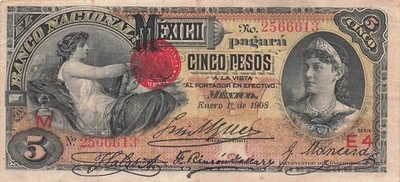 Billete México 5 Pesos 1.1.1908 Serie M - E 4 Circulado ESX Foto 1 de 2