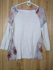 Cupio Striped Floral Top Sz Large Viscose Blend 3/4 Sleeve Round Neck Blouse - Picture 1 of 6