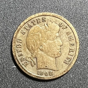 1908-P BARBER DIME NICE GOOD w/ LIGHT GOLDEN TONING - Picture 1 of 2