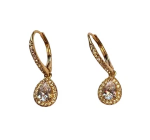 Gold Tone Metal & Clear Stone Studded Teardrop Leverback Dangle Earrings 1" 3.4g - Picture 1 of 11