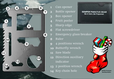 Holiday Christmas Stocking Stuffers  - 14-in-1 Multitool Card - 5/10/20 PAKs - Image 1 of 4