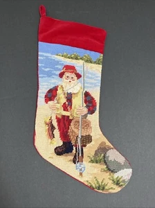 VTG Needlepoint By Hand Wool Fisherman Fishing Santa Stocking Velvet Christmas - Picture 1 of 1