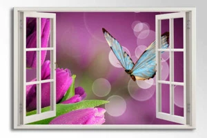 GRANDE QUADRO ARTE DA PARETE TELA FARFALLA BLU VIOLA TULIPANI FIORI NUOVA STAMPA - Foto 1 di 2