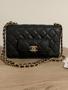 CHANEL 22A CLASSIC BLACK CAVIAR LEATHER WOC WALLET ON THE CHAIN CROSSBODYBAG GHW - Picture 1 of 7