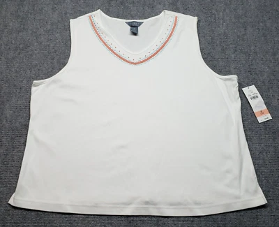 Koret 背心上衣女式 2X Bal Harbour 白色 V 领无袖纯棉新品 — 第 1/4 张图片