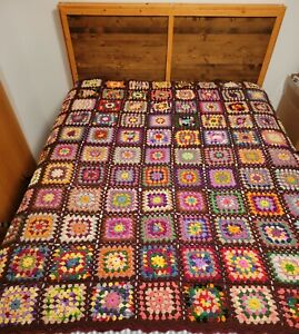 VTG Hand crocheted afghan blanket granny square pattern multi color 78" x 69"