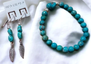 Blue Turquoise Bracelet Earring Set Handmade 925 Sterling Silver - Picture 1 of 6