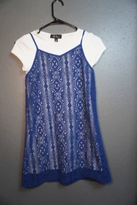 Macy's BCX Girls Navy Blue Lace and White Shirt Short Sleeve Dress Size 14 - Picture 1 of 8