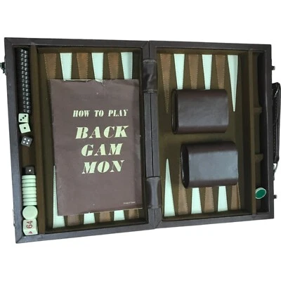 Vintage Classic Board Game Backgammon Set With Brown Leather Suit Case - Image 1 of 4
