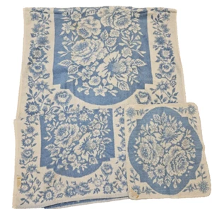 VTG Sears Cotron Bath Hand Wash Towels Retro Flowers Blue White Set of 3 - Picture 1 of 14