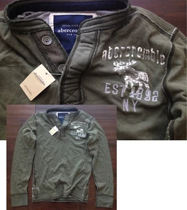 【New】abercrombie Boy's【Moose EST. 1982 NY Logo Henley Long Sleeve Tee】Olive @L - Picture 1 of 11