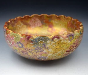 SATSUMA MEIJI PERIOD ANTIQUE THOUSAND FLOWERS CHRYSANTHEMUM LOBED BOWL SIGNED - Picture 1 of 14