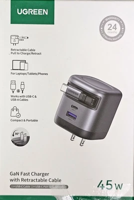UGREEN - Nexode 45W USB-C Charger with Retractable Cable, PPS Fast GaN Charger  - Image 1 of 4