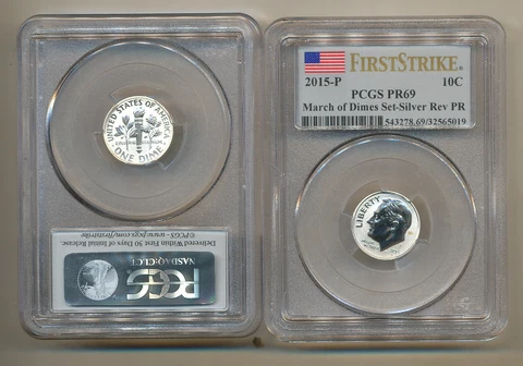 2015 P Reverse PCGS PR69 FIRST STRIKE Proof SILVER Roosevelt March of Dime set Cover