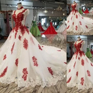 Red and White Wedding Dresses High Neck Cap Sleeve Piping Ruched Lace Applique - Picture 1 of 9