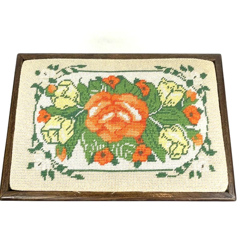 Vintage Footstool Needlepoint Flowers Stool Carved Wood Roses Handmade Antique Cover