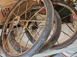 Vintage SET OF 3 Metal Double Spoke Black Rubber Wheels 12.25" Salvage Art - Picture 1 of 6
