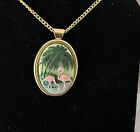 Stunning Pink Flamingo, Palm Tree, Cameo, Necklace, Gold Tone..Look