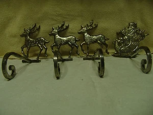 VERY RARE VNTG LARGE HEAVY SILVER SANTA & 3 REINDEER CHRISTMAS STOCKING HOLDERS - Picture 1 of 3