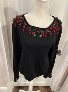 Vintage 2000s Top Size XL Black Beaded Cherry Scoop Neck Ruffle Beaded Cuff Nice - Picture 1 of 12