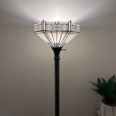 Tiffany Style Torch Floor Lamp White Stained Glass Hexagon 12"W*12"D*66"H - Image 1 of 4