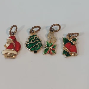 Vintage Enamel Christmas Charms Set Santa Tree Bells Candles Gold Tone 1970s - Picture 1 of 9