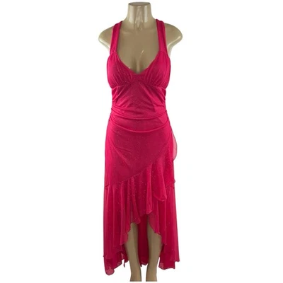 Y2K Halter Dress Vintage Size L Hot Pink Glitter Asymmetrical Hem Fairy Barbie - Image 1 of 4